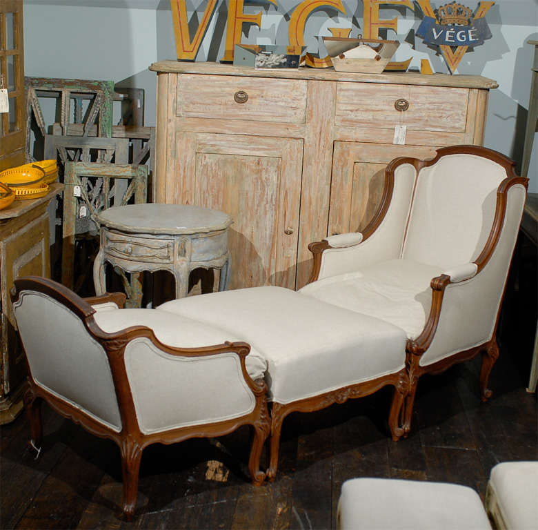 A 19th Century French Duchesse Brisée, Chaise-Longue.
New upholstery.
Dimensions on each piece:
Wingback chair: 30