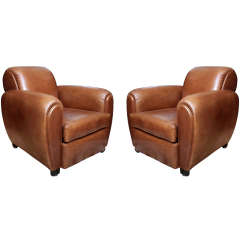 Chic pair of  Deco Parisian Leather Club Chairs.