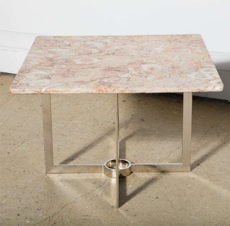 Nickel plated Modernist based End or Side Tables with Pink Marble Tops.  Also excellent for use as coffee or cocktail tables