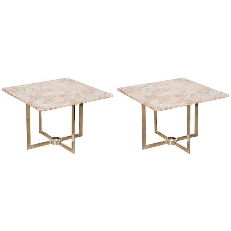 pair of Nickel and Marble End Tables