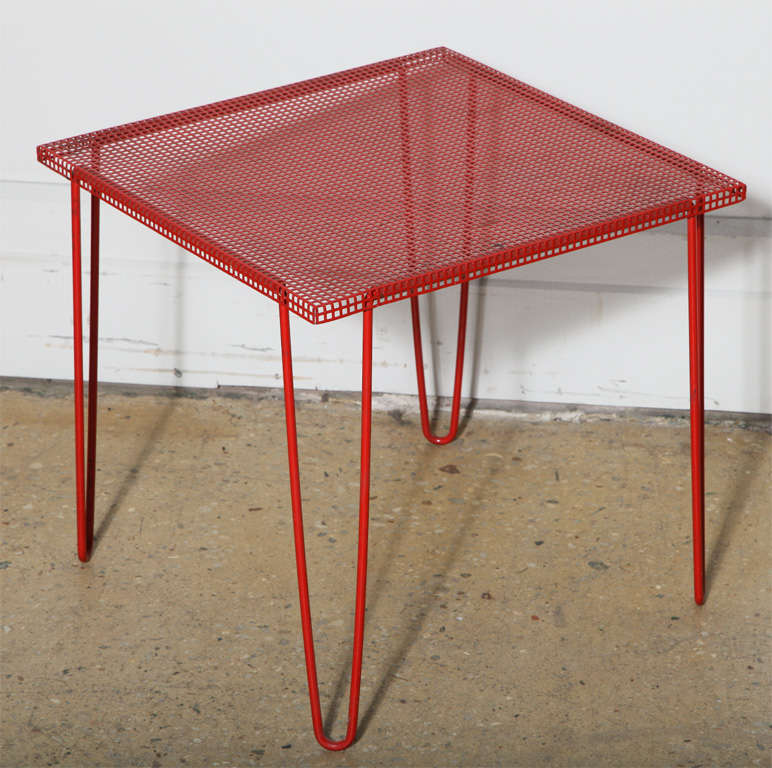 Mathieu Matégot Style Perforated Red Iron Occasional Table, 1950's  In Good Condition In Bainbridge, NY