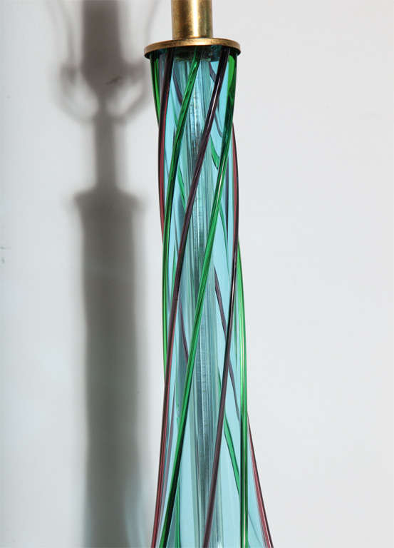 Italian Tall Murano Art Glass Turquoise Table Lamp with Emerald and Purple Ribbon Relief