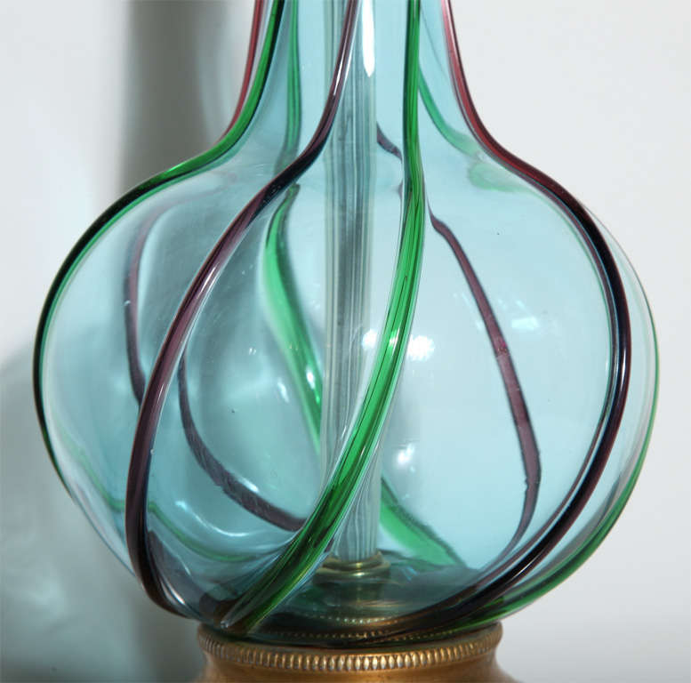 Tall Murano Art Glass Turquoise Table Lamp with Emerald and Purple Ribbon Relief In Good Condition In Bainbridge, NY