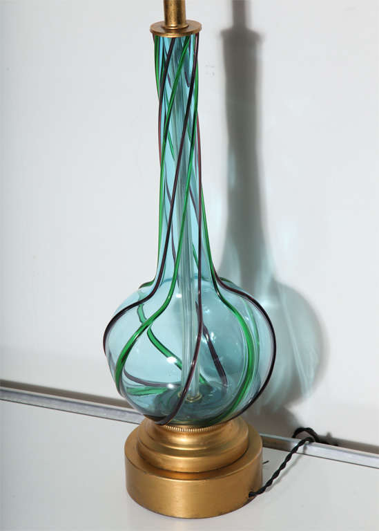 Brass Tall Murano Art Glass Turquoise Table Lamp with Emerald and Purple Ribbon Relief