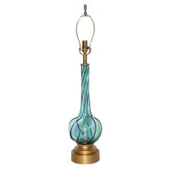Tall Murano Art Glass Turquoise Table Lamp with Emerald and Purple Ribbon Relief