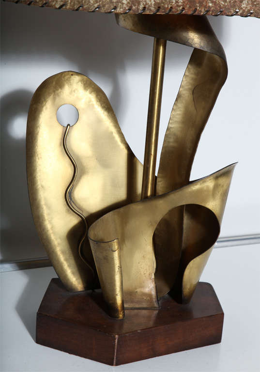 Art Deco Tall Yasha Heifetz Abstract Flora Brass Table Lamp with Parchment Shade, 1930s For Sale