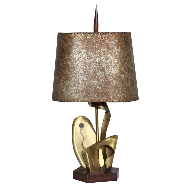 Tall Yasha Heifetz Abstract Flora Brass Table Lamp with Parchment Shade, 1930s  For Sale
