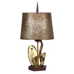 Vintage Tall Yasha Heifetz Abstract Flora Brass Table Lamp with Parchment Shade, 1930s 