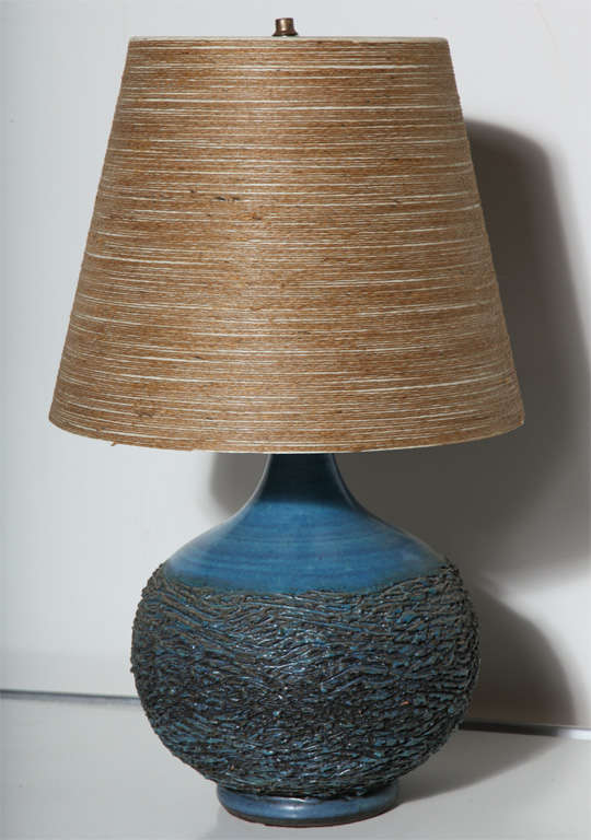 rare Lee Rosen gourd shaped Blue Sgraffito Table Lamp with Beige and Dark Brown textured pattern. Shade not included