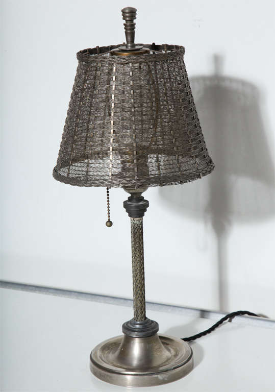 John Vassos for Wirecraft National Standard Co. Nickel & Woven Wire Bedside Lamp, Desk Lamp, Circa 1930. Detailed woven Nickel and Wire stem, round Nickel base, woven wire shade and Art Deco finial. Beautiful when illuminated. Translucent. Rarity.