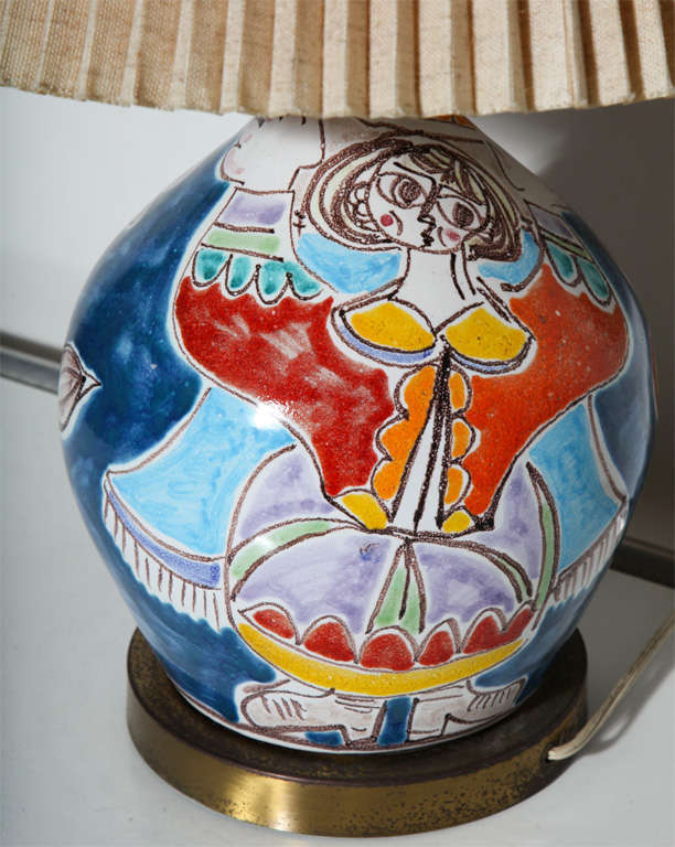 italien Lampe de bureau DeSimone en céramique bleue avec cheval, fille et fleur, années 1960   en vente