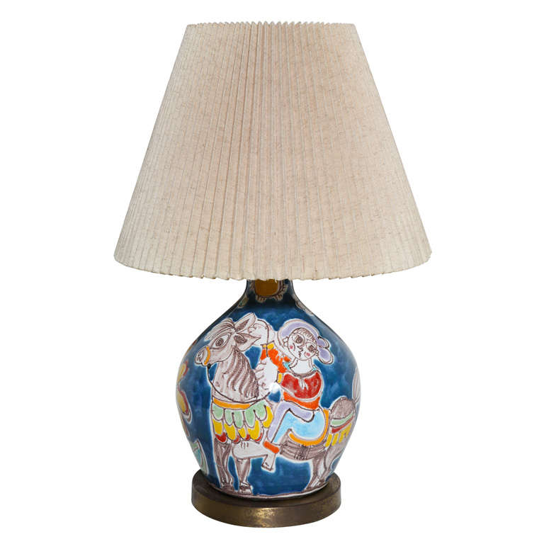 DeSimone Blue Ceramic Table Lamp With Horse, Girl & Flower, 1960s   For Sale