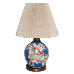 Antique DeSimone Blue Ceramic Table Lamp With Horse, Girl & Flower, 1960s  