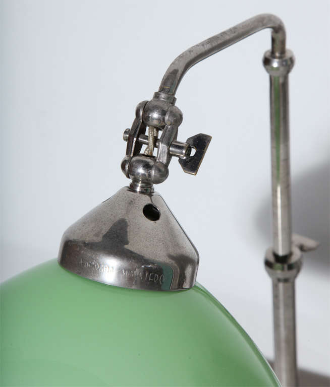 Plated Italian Bank Table Lamp in Nickel Plate with Jadeite Cased Glass Shade, 1940s 