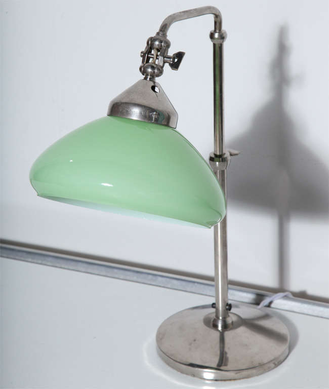 Brass Italian Bank Table Lamp in Nickel Plate with Jadeite Cased Glass Shade, 1940s 