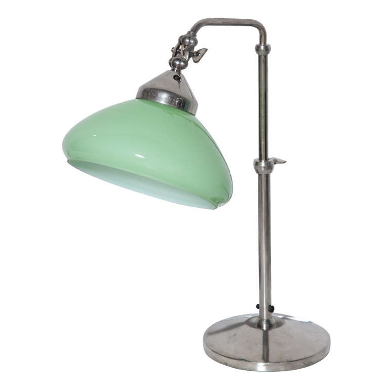 Italian Bank Table Lamp in Nickel Plate with Jadeite Cased Glass Shade, 1940s 