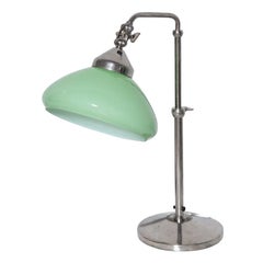 Vintage Italian Bank Table Lamp in Nickel Plate with Jadeite Cased Glass Shade, 1940s 