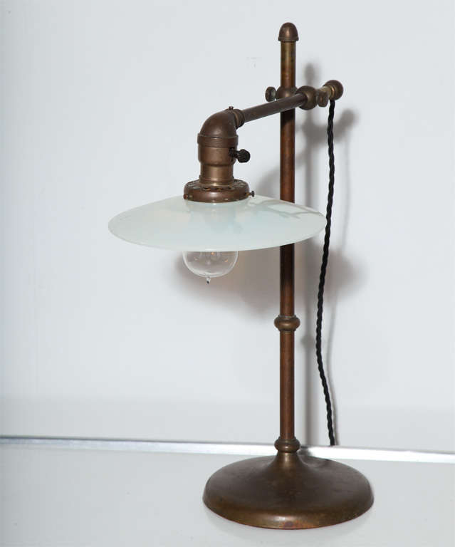 restored early Desk Lamp in Brass with White Opalescent Shade and nice original patina