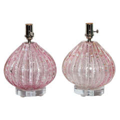 Vintage Pair of Barovier e Toso Pink Murano Table Lamps with Silver Inclusions, 1950s