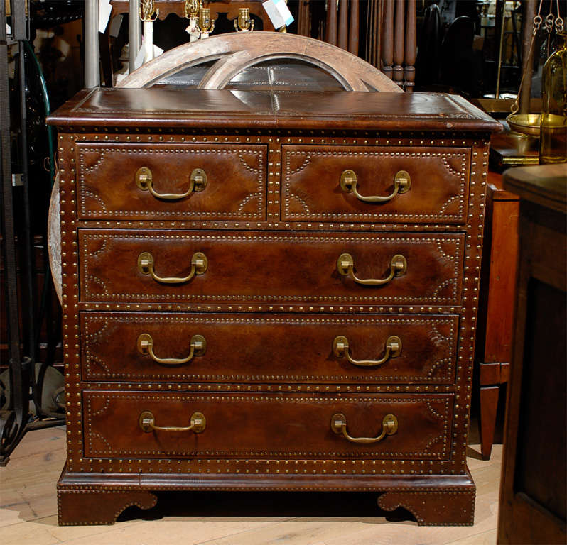 20thc Leather Covered Chest With, Nailhead Trim Dresser