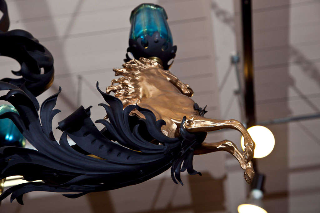 Antique Iron and Bronze Gold Gilded Horse Head Chandelier For Sale at