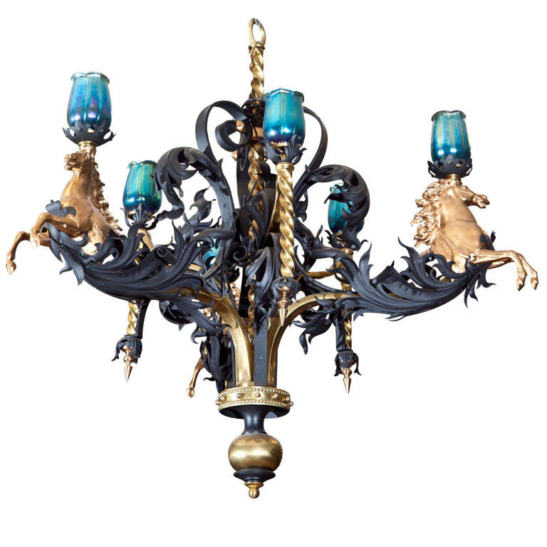 Antique Iron and Bronze Gold Gilded Horse Head Chandelier For Sale at