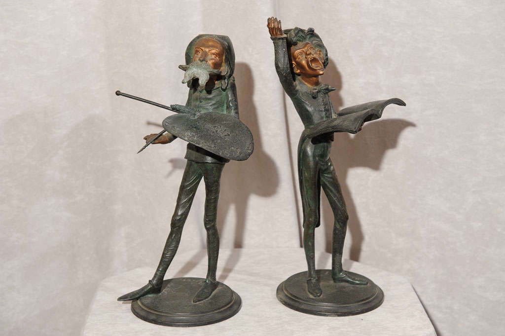 These very whimsical candlesticks depict caricatures of the famous French artist Francois George (1807-1873). They are highly detailed and retain their beautiful original paint. Occasionally we run into these, but they are always damaged and rarely