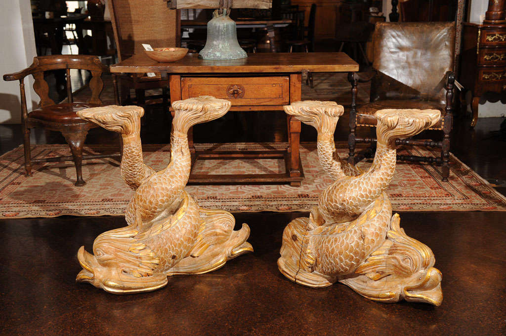 Pair of Carved Gilded Dolphin Bases, Italy circa 1880