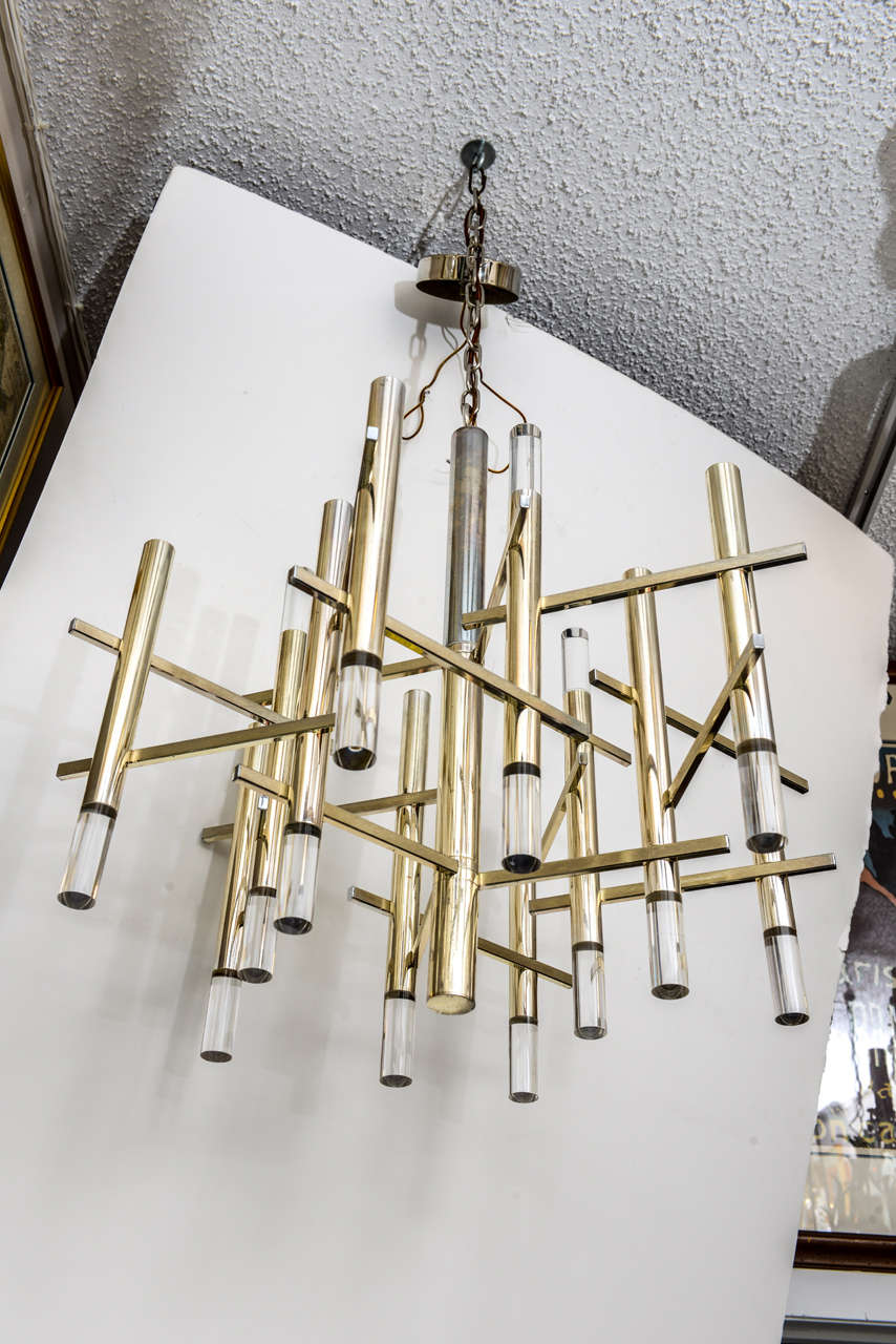 Mid-Century Modern Gaetano Sciolari 9 Lites Chrome & Lucite Chandelier