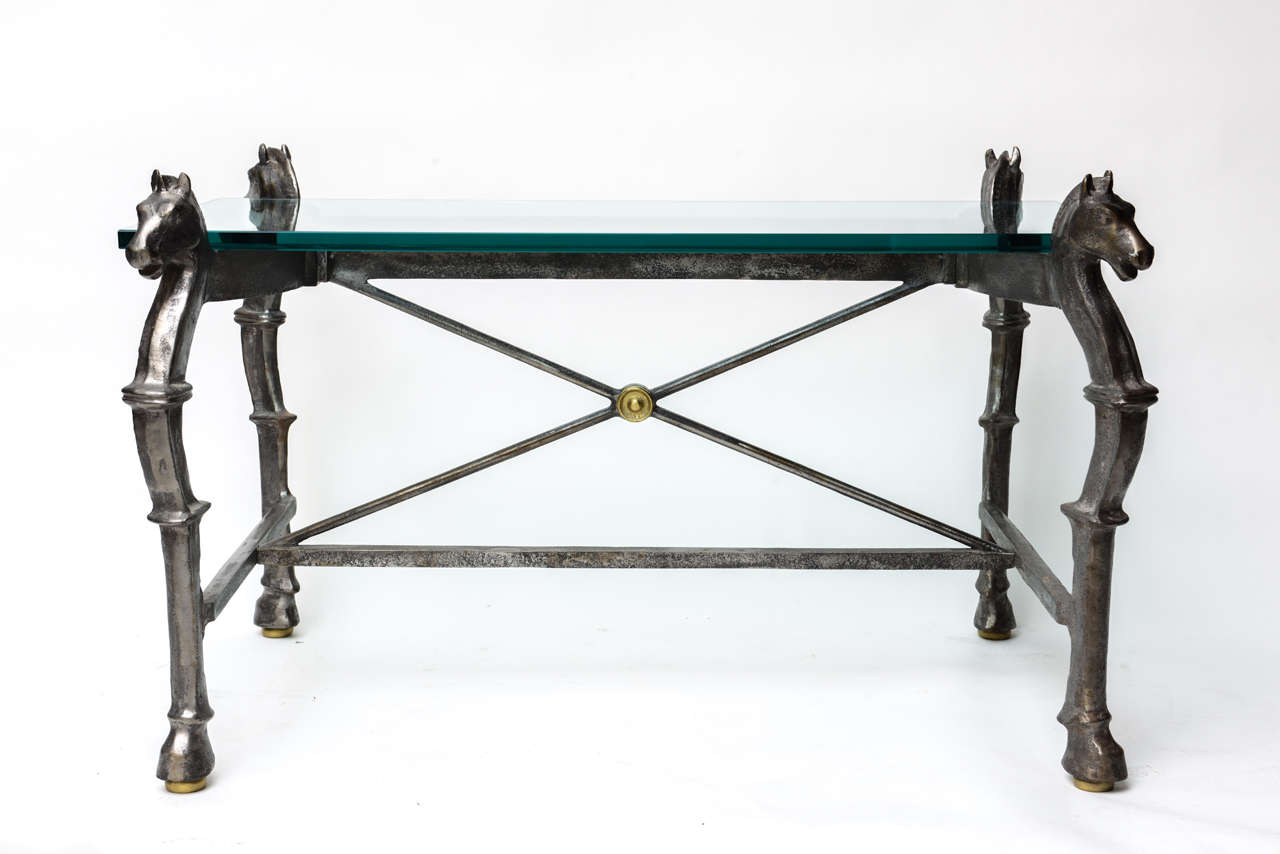 Neoclassical Steel and Brass Equestian Style Cocktail Table with Horse Heads In Good Condition In West Palm Beach, FL