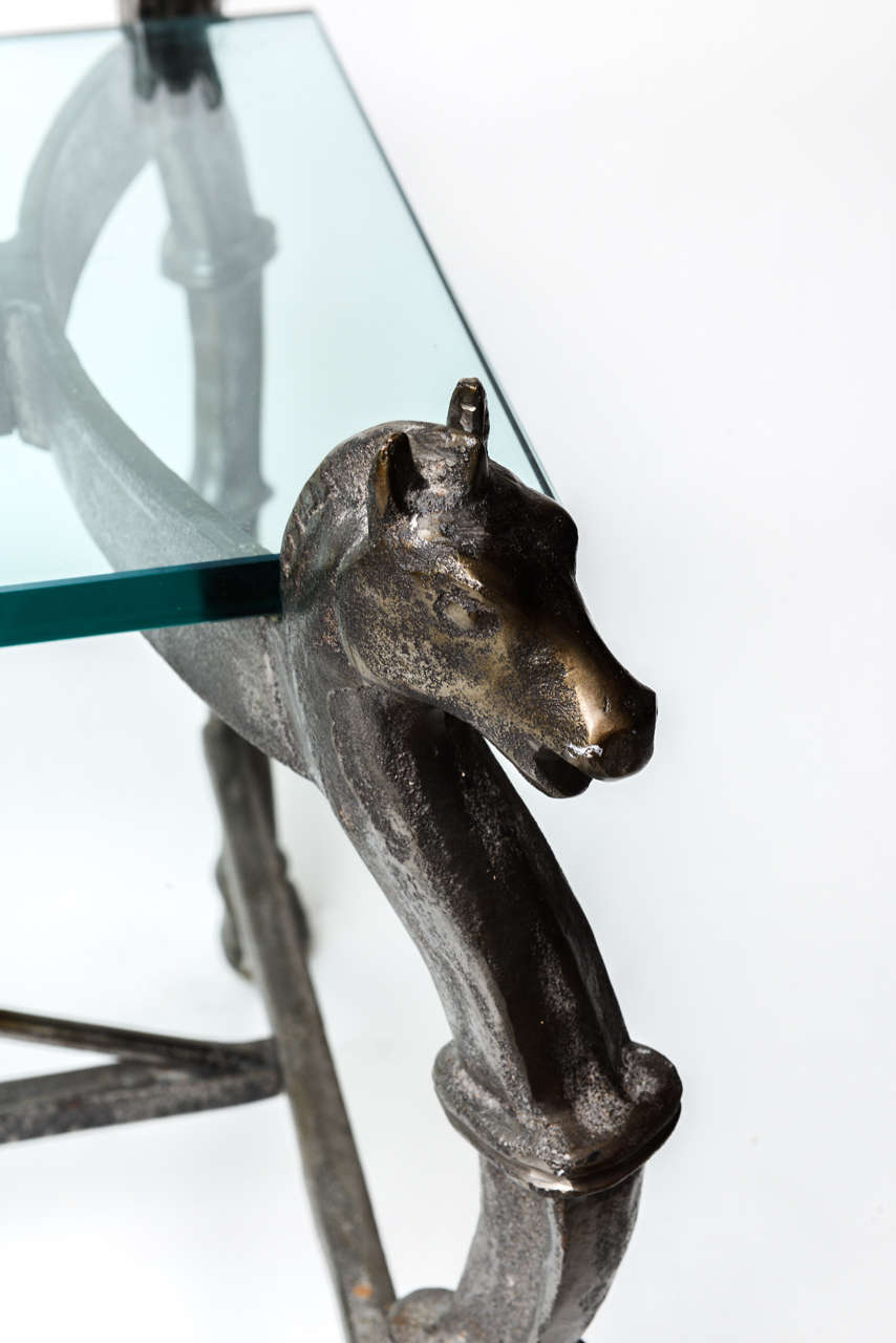 20th Century Neoclassical Steel and Brass Equestian Style Cocktail Table with Horse Heads