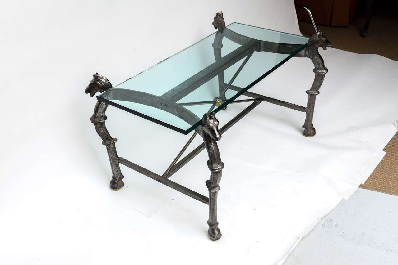 Neoclassical Steel and Brass Equestian Style Cocktail Table with Horse Heads 4