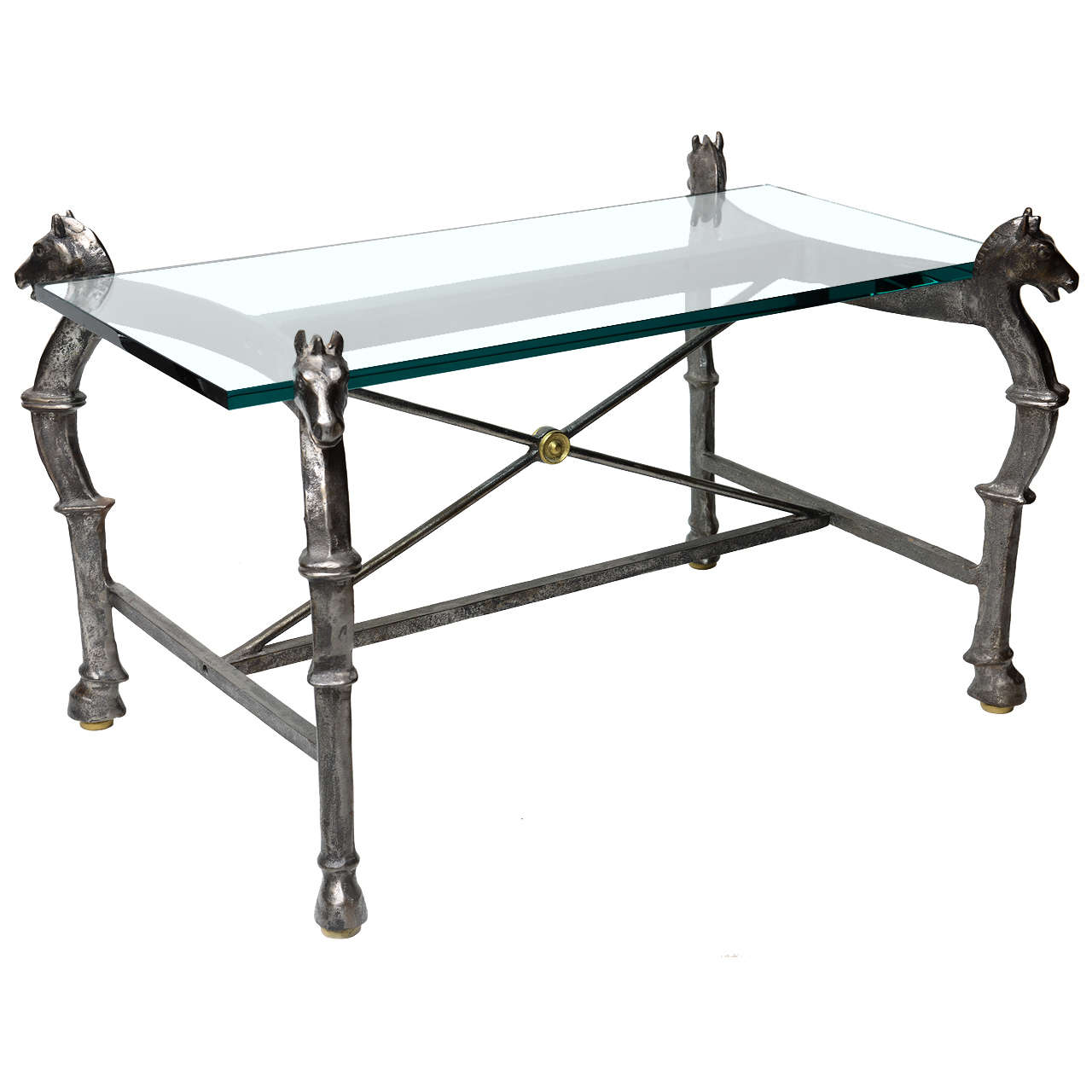 Neoclassical Steel and Brass Equestian Style Cocktail Table with Horse Heads