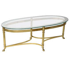 Oval Brass Coffee Table with Mirrored Rim Glass Top 