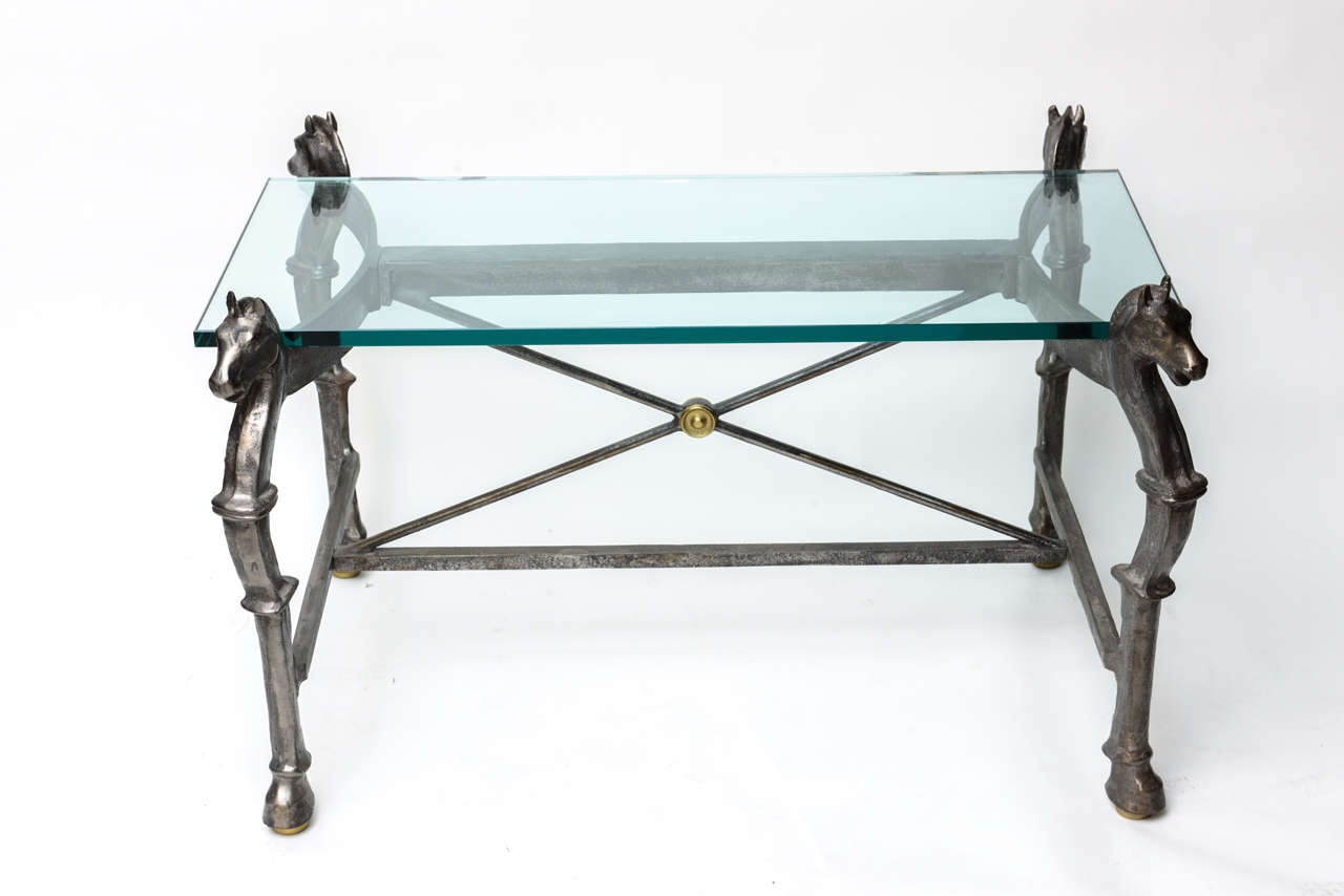 Neoclassical Steel and Brass Equestian Style Cocktail Table with Horse