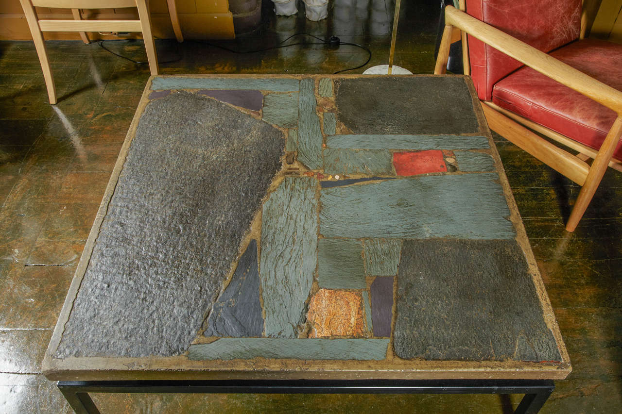Dutch Paul Kingma Coffee Table With Incrustation Of Slate & Stone Pieces For Sale
