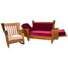 Antique Oak Mission Style Settee and Rocker