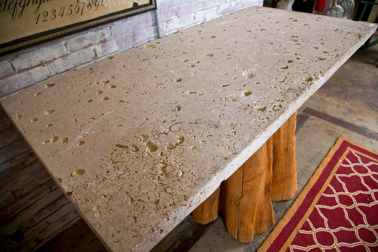 Stone Fossil Top with Wood Trunk Base Console Table In Excellent Condition In Stamford, CT