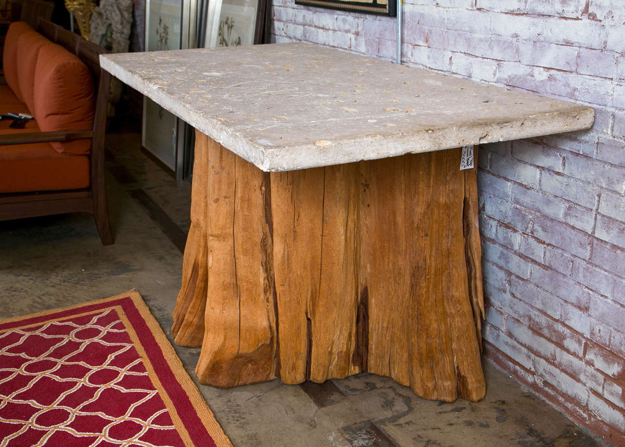 Stone Fossil Top with Wood Trunk Base Console Table 4