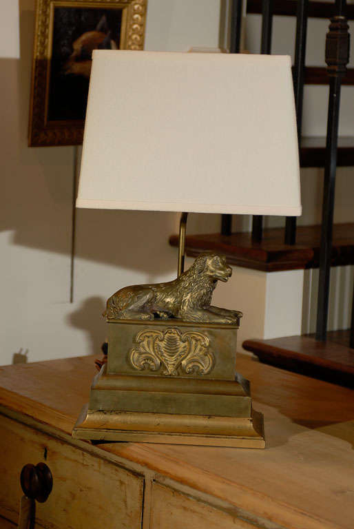 Pair of French, 1920s, Brass Sporting Dogs Chenets Table Lamps with Shades