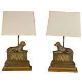 Pair of French, 1920s, Brass Sporting Dogs Chenets Table Lamps with Shades