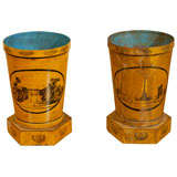 Pair of Yellow Painted Tole Cachepots With Architectural Scenes