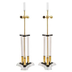 Pair of Lucite Column Lamps with Brass