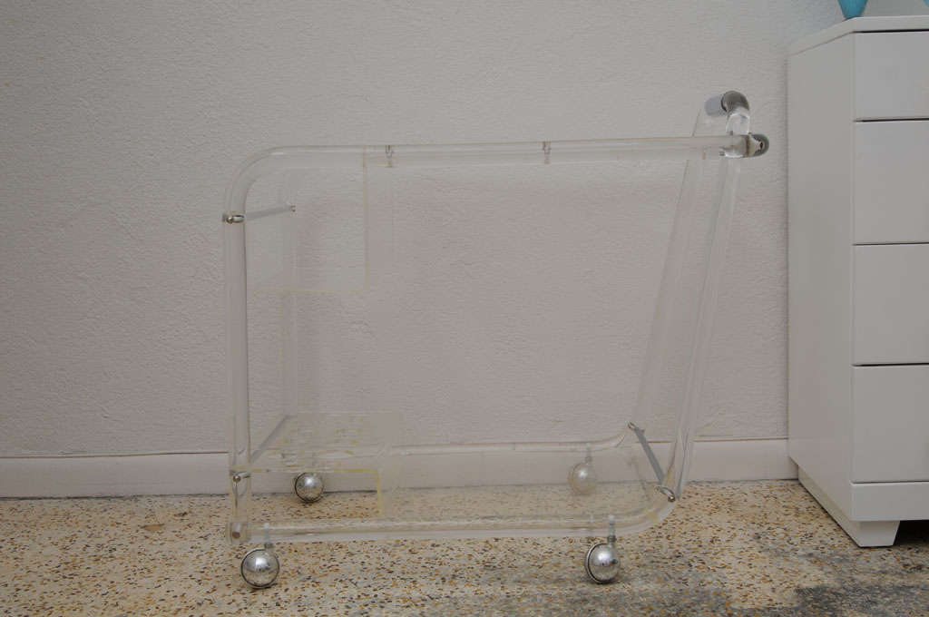 Charles Hollis Jones Style Bar Cart on Casters in Lucite and Polished Chrome 3