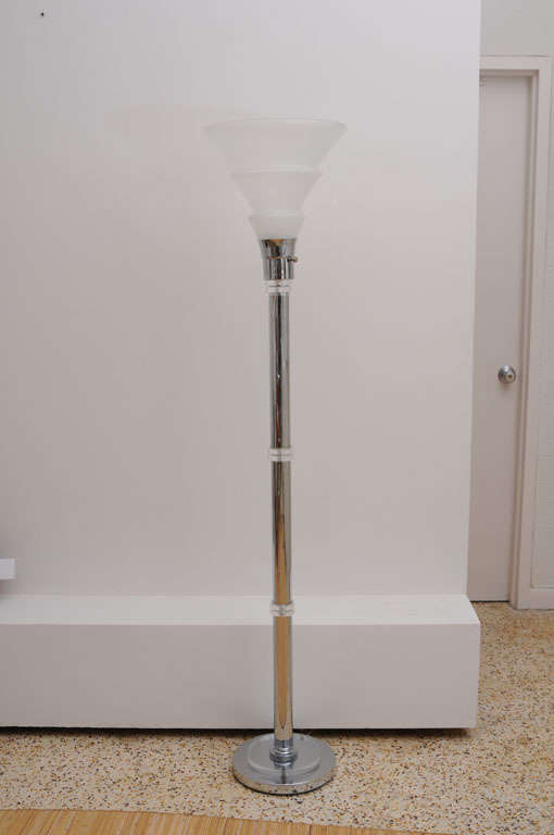 Art Deco Style Chrome and Lucite Floor Lamp with FrostedGlass Shade