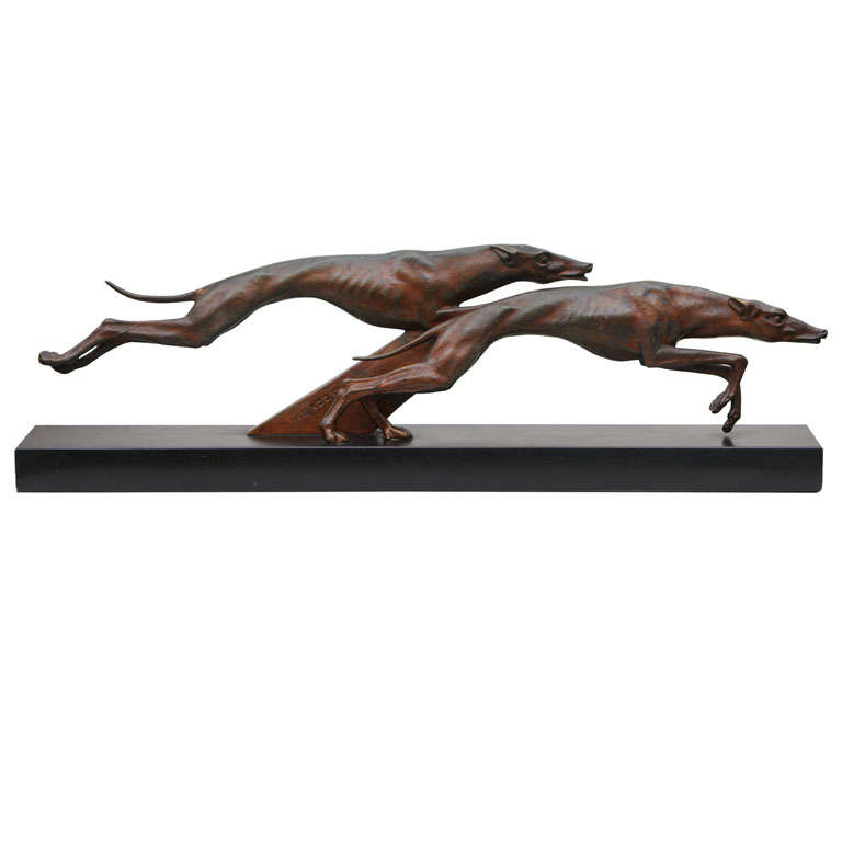 French Art Deco Bronze Sculpture "Greyhounds" by "A. Bazzony"