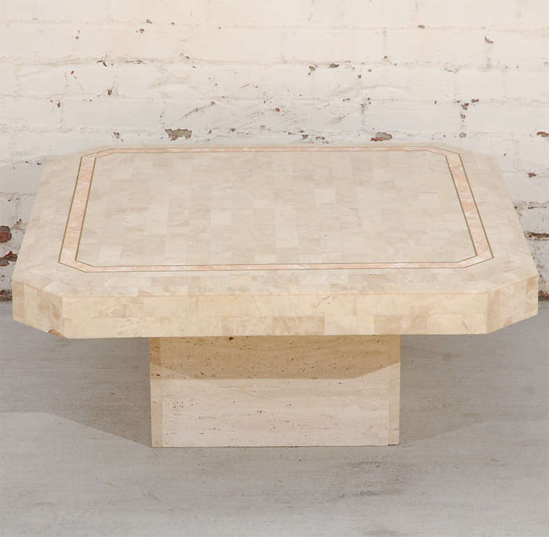 Tessellated Fossil Stone & Marble Table With Brass Banding
