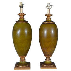 Pair of Large Mid-Century Green Ceramic Lamps