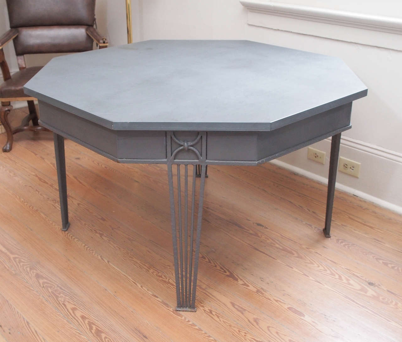 French Iron Table Base with Later Slate Top
