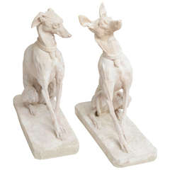 Rare Pair of Antique Limestone Whippet Sculptures